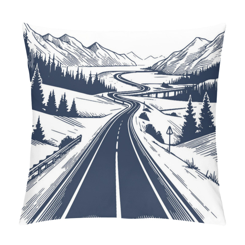 Personality  Mountain Road Through Forest In Engraving Style Pillow Covers