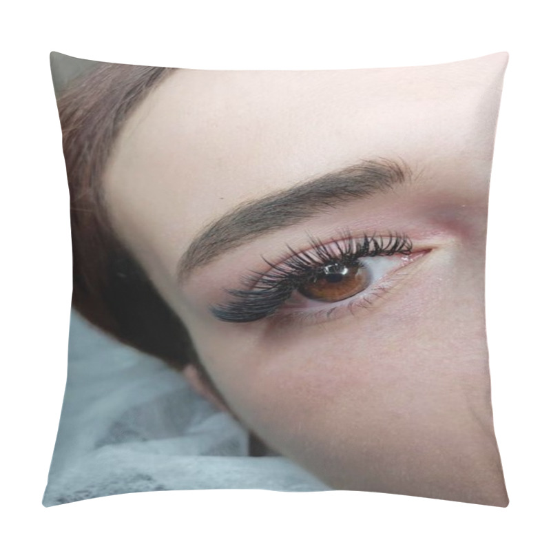 Personality  Wet Lash Extensions In Beauty Salon Macro Hazel Eye Top View . High Quality Photo Pillow Covers