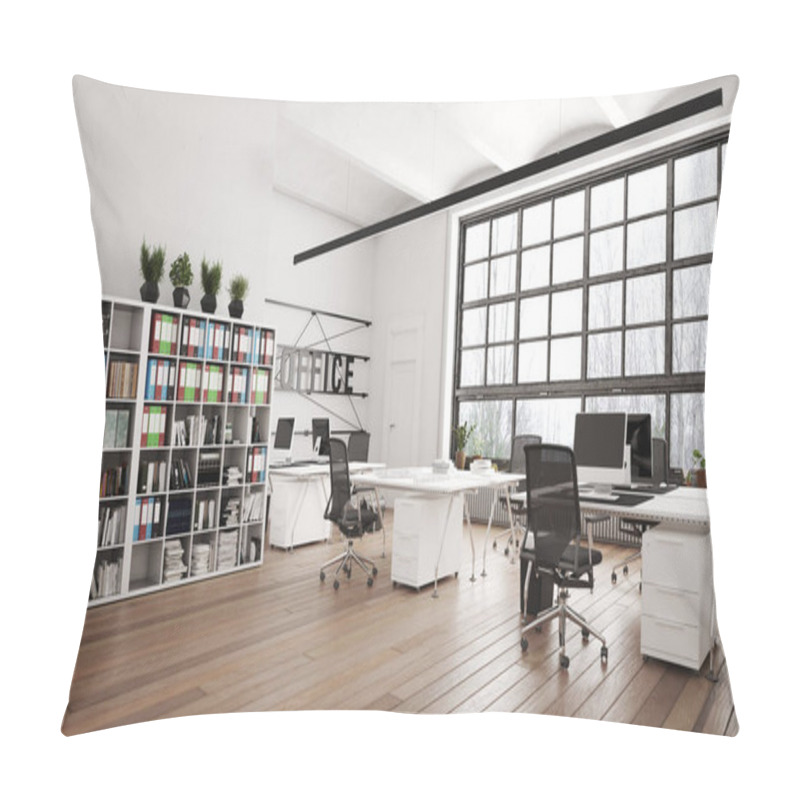 Personality  Contemporary Loft Office Interior. 3d Rendering Design Concept Pillow Covers