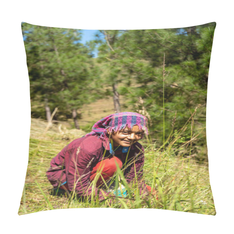 Personality  Portrait Of An Indian Female Farmer In Traditional Dress. Indian Girl Farmer Working In The Fields. Pillow Covers