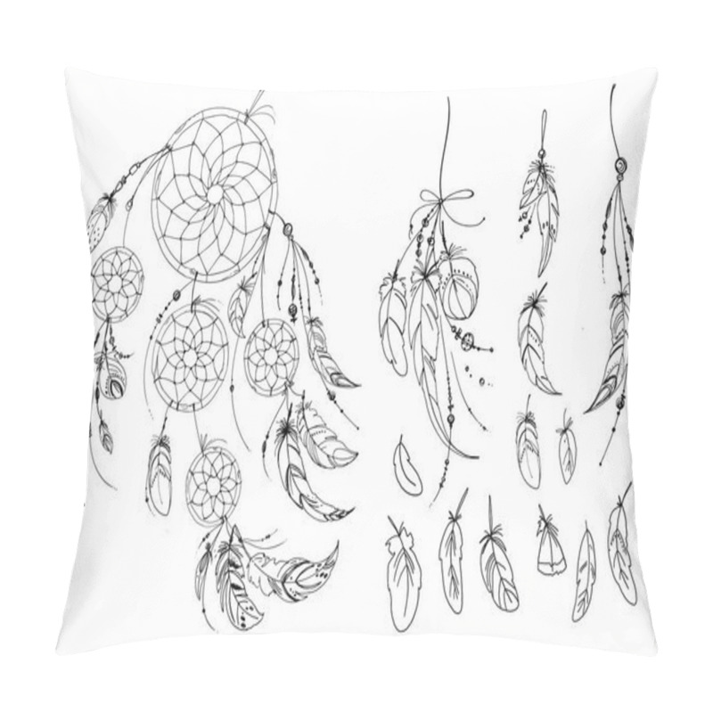 Personality  Dreamcatcher Hippie Decoration Tattoo Vector Line. Boho Style, Beads And Feathers. Illustration Art Pillow Covers