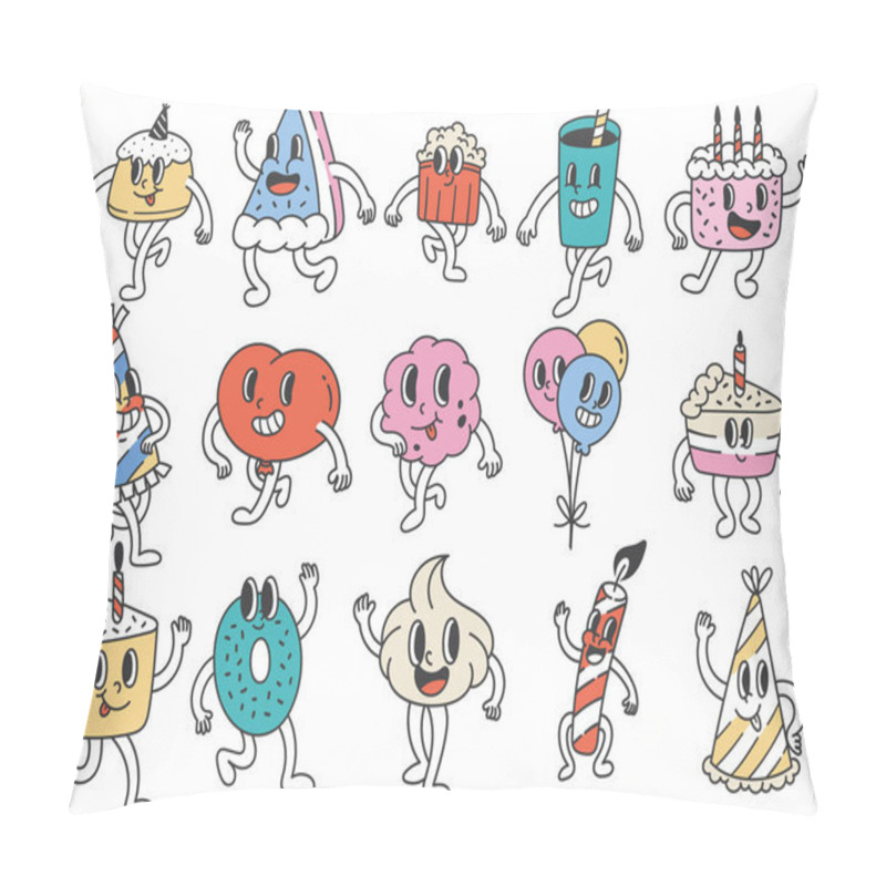 Personality  Birthday Stuff Groovy Cartoon Characters, Party Object Kawaii Doodle Illustration Pillow Covers