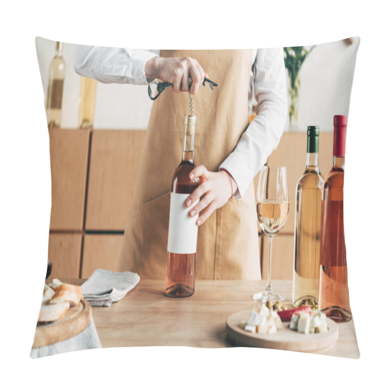 Personality  Cropped View Of Sommelier In Apron Opening Bottle Of Wine At Table Pillow Covers