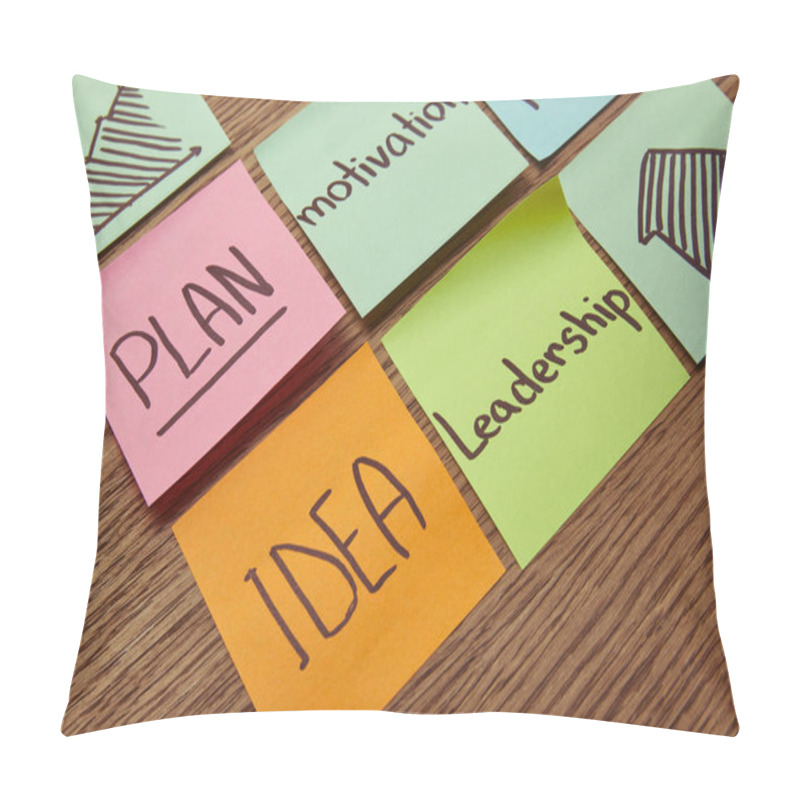 Personality  Paper Stickers With Words Plan, Idea, Leadership And Motivation On Wooden Tabletop Pillow Covers