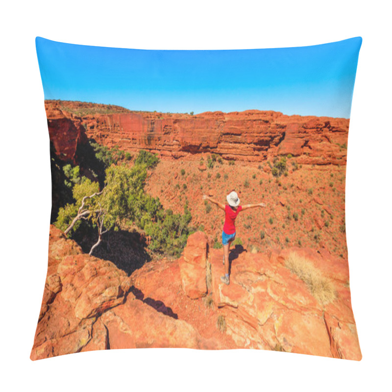 Personality  Hiking Woman With Open Arms At The Edge Of Kings Canyon. Enjoying In Red Center Outback. Sandstone Formations In Watarrka National Park. King Canyon Rim Walk At Sunset. Northern Territory Of Australia Pillow Covers