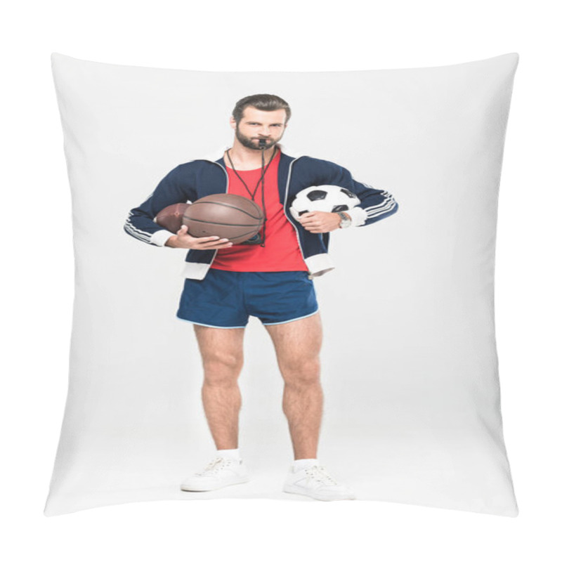 Personality  Sportive Coach With Whistle Holding Rugby, Basketball And Football Balls, Isolated On White Pillow Covers