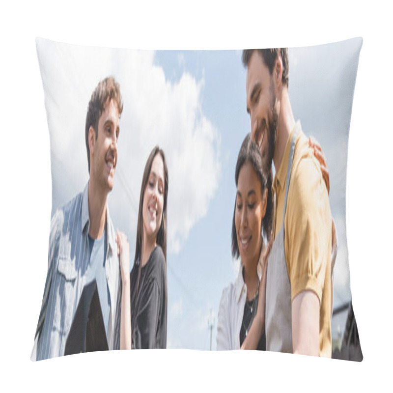 Personality  Smiling Interracial Couple Looking At Grill Near Friends Outdoors, Banner  Pillow Covers