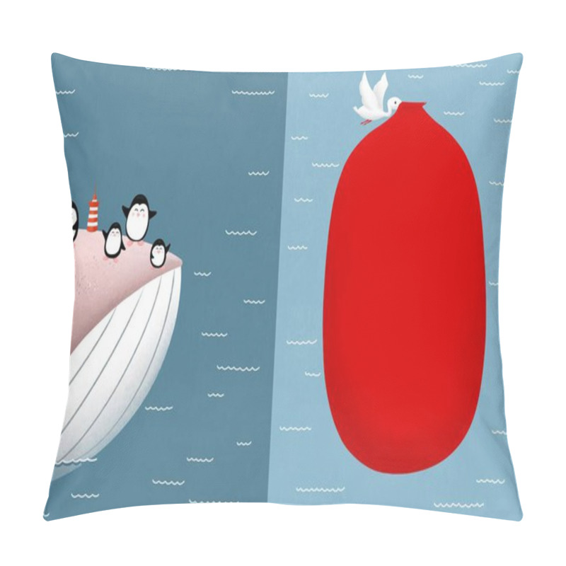 Personality  Penguins Travel. Funny Wild Animals. A Pelican Flies. Template For Poster, Postcard And Booklet. Winter Illustrations. Illustrations For Printed Childrens Products Pillow Covers