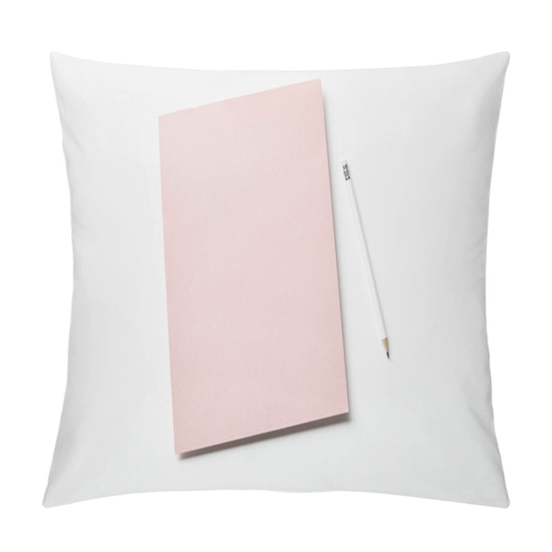 Personality  Top View Of Pink Paper And Pencil On White Surface Pillow Covers