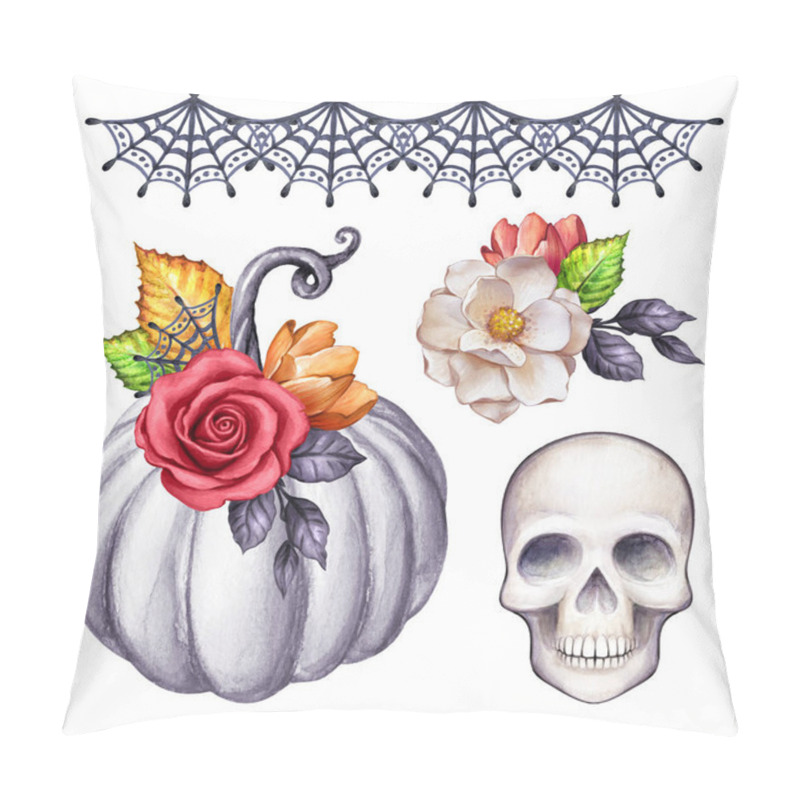 Personality  Watercolor Halloween Illustration, Thanksgiving Set, Floral Pumpkin, Skull, Autumn Design Elements, Fall, Holiday Clip Art Isolated On White Background Pillow Covers