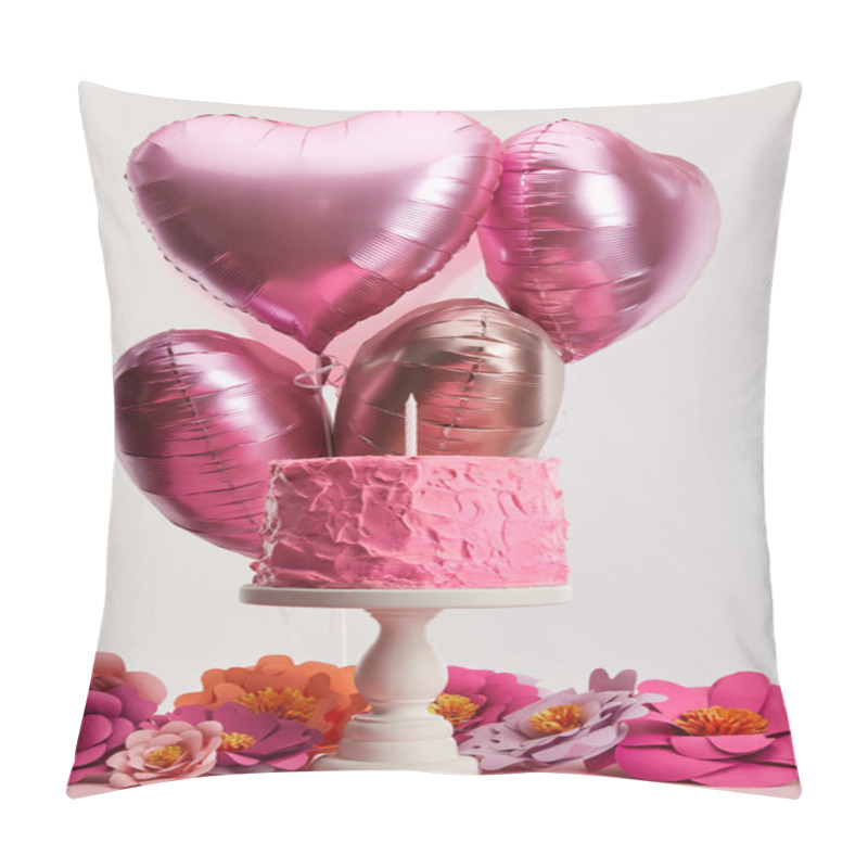 Personality  Tasty Pink Birthday Cake With Candle On Cake Stand Near Paper Flowers And Heart-shaped Air Balloons On Grey Pillow Covers