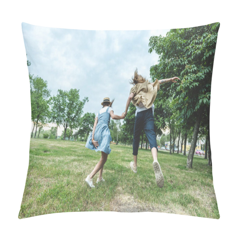 Personality  Young Couple Running Through Field Pillow Covers