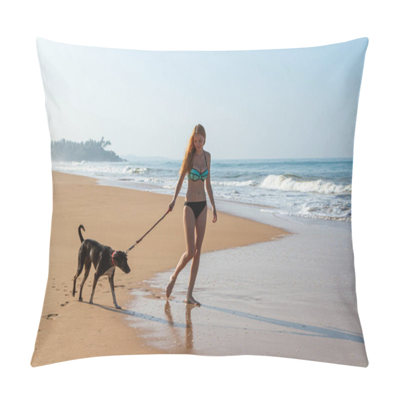 Personality  Beautiful Young Girl Walks With Dog Along The Beach Of The Ocean Pillow Covers