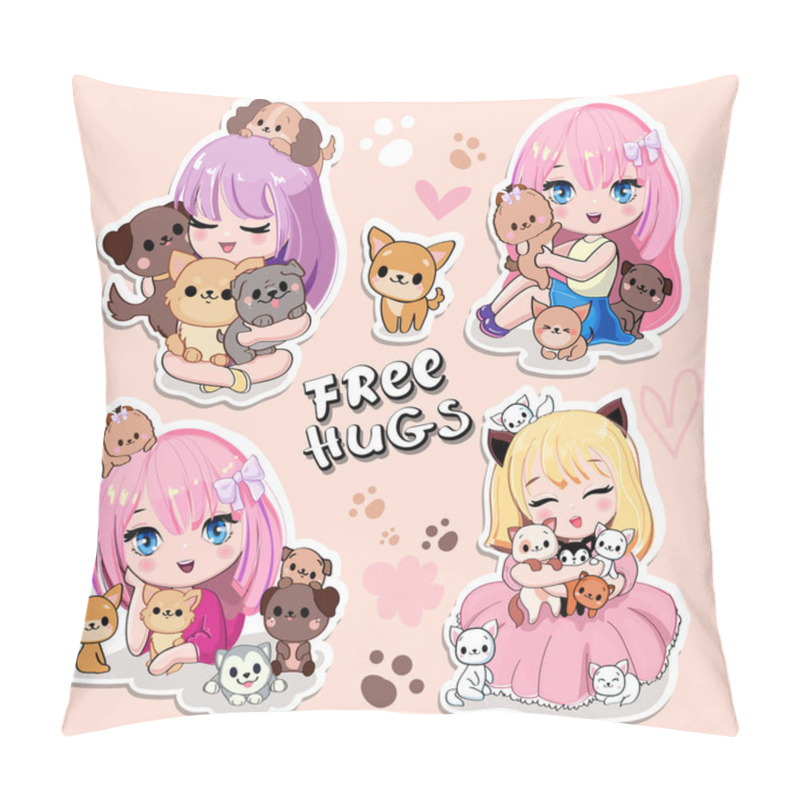 Personality  Cute Set With Cartoon Anime Girls With Little Kittens And Dogs. Fashion Patch Stickers. Vector Illustration Print In Kawaii Style For T-shirt Pillow Covers