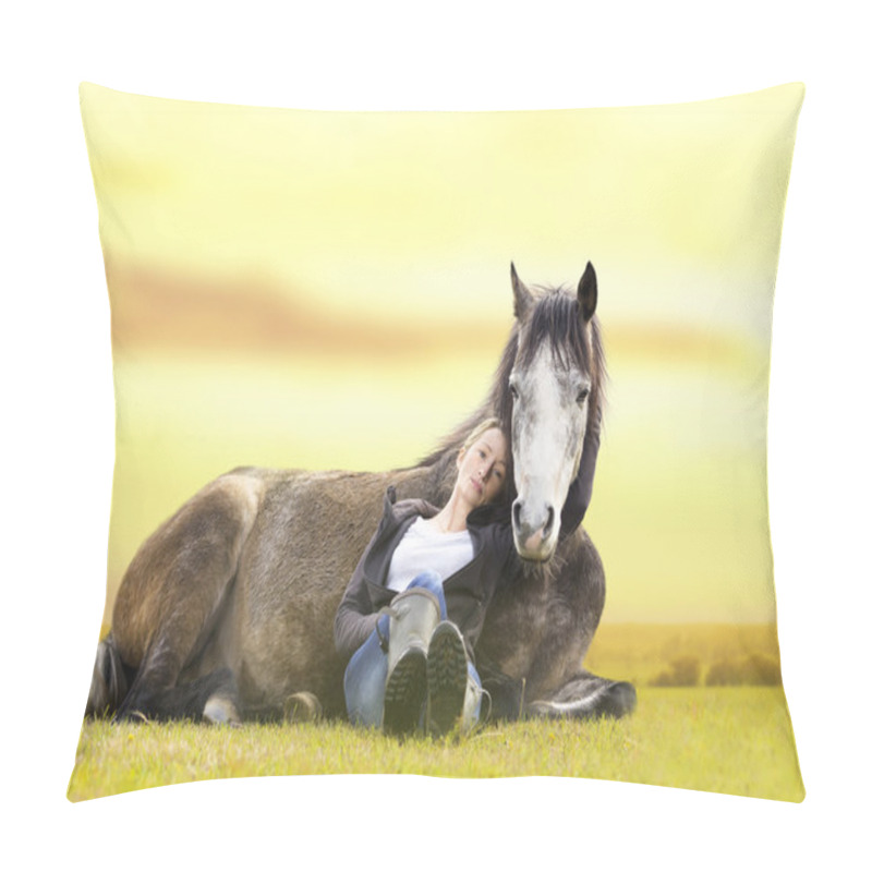 Personality  Pretty Girl And Gray Arabian Horse Lie At Sunset On  Summer Pasture Pillow Covers