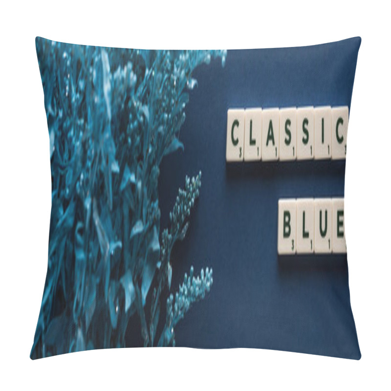 Personality  Top View Of Classic Blue Lettering On Cubes Near Painted Plant On Blue Background, Panoramic Shot Pillow Covers