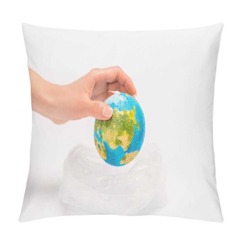 Personality  Cropped View Of Woman Putting Globe In Plastic Bag On White, Global Warming Concept Pillow Covers