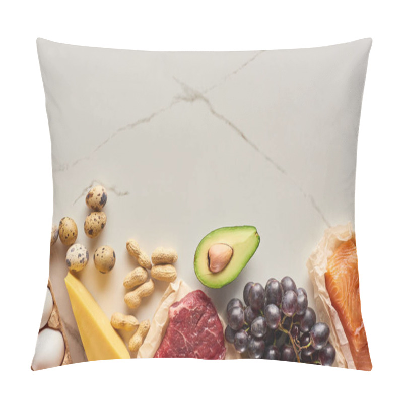 Personality  Top View Of Raw Meat And Fish With Eggs, Avocado, Cheese, Grapes And Peanuts Pillow Covers