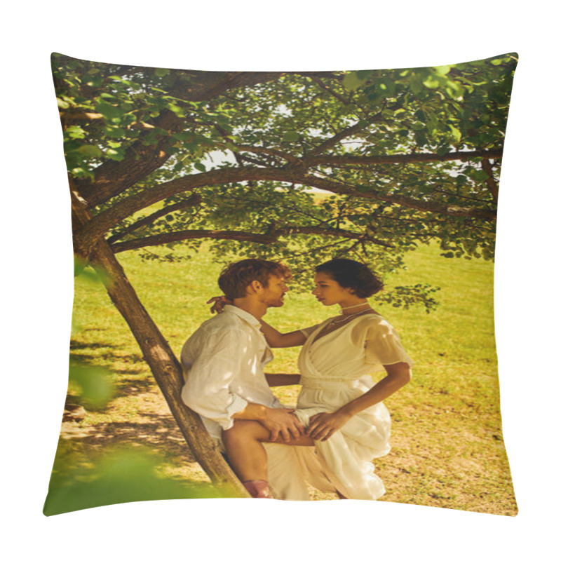 Personality  Side View Of Interracial Boho Style Couple Near Ladder And Tree In Countryside, Rural Wedding Pillow Covers