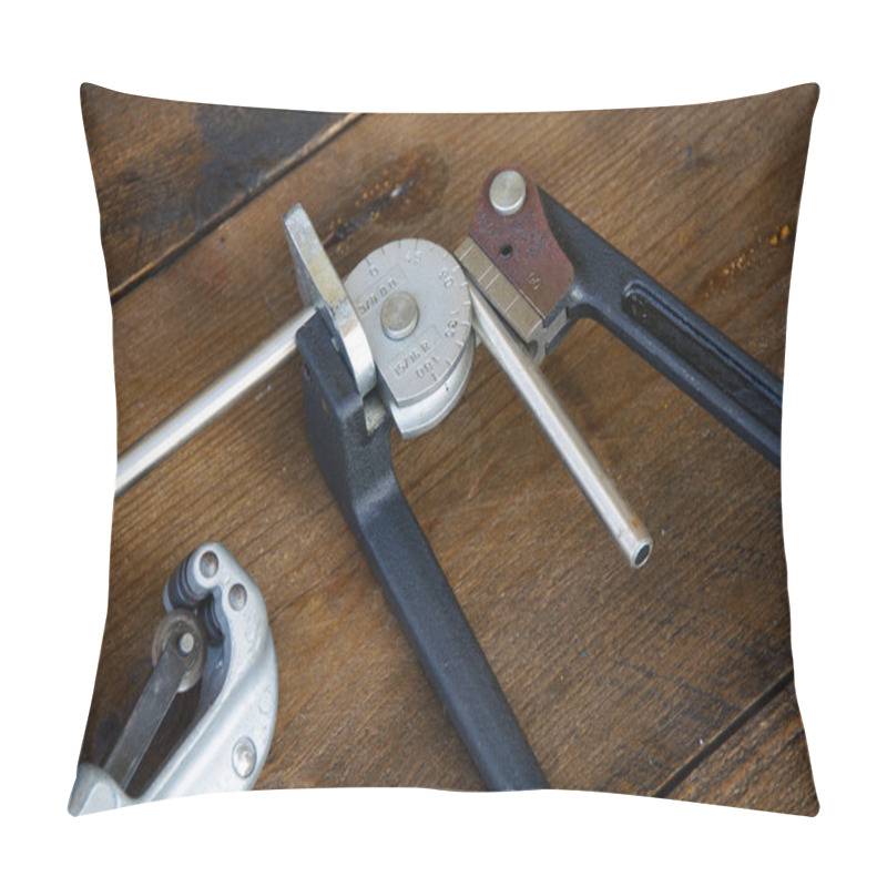 Personality  Tube Bender Or Pipe Bender Tools On Wooden Background. Pillow Covers