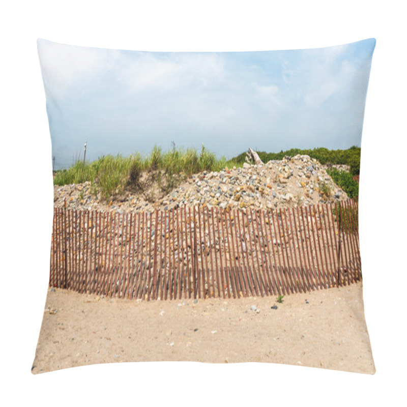 Personality  Coastal Area Shows A Sand Dune Restoration Project With Wooden Fencing And Native Plants Thriving. Pillow Covers