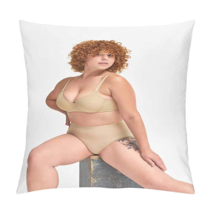 Personality  Captivating Woman With Curvy Body Posing In Lingerie On Wooden Box And Looking At Camera On White Pillow Covers