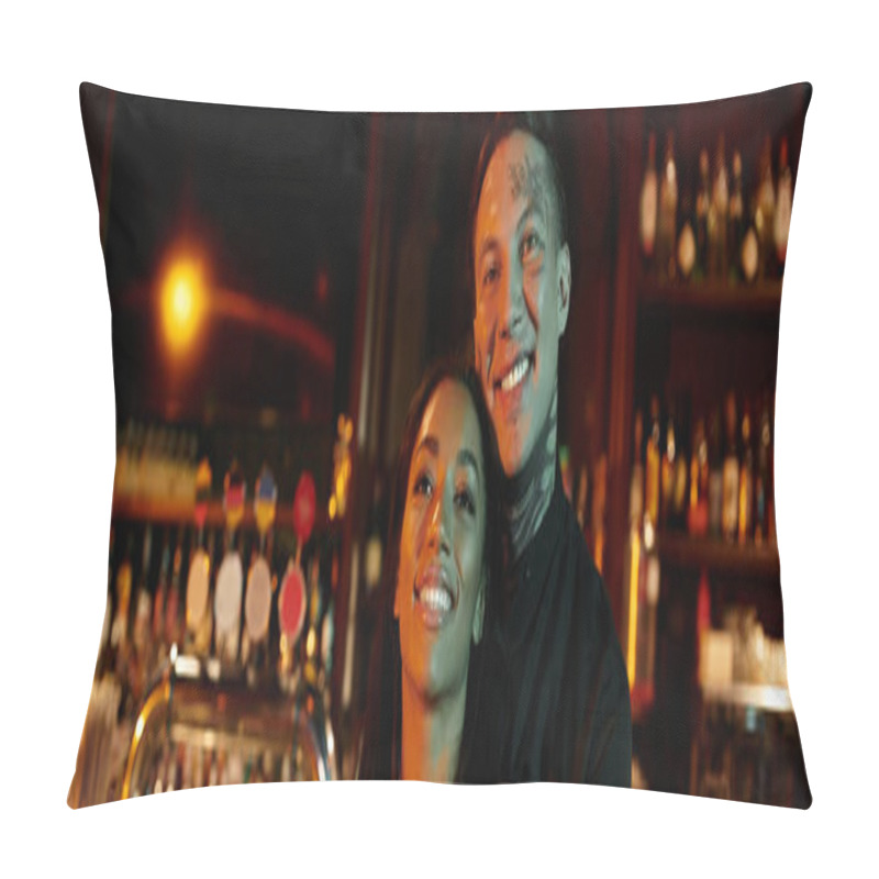 Personality  Tattooed Couple Enjoys A Joyful Night Out In A Lively Bar Atmosphere. Pillow Covers