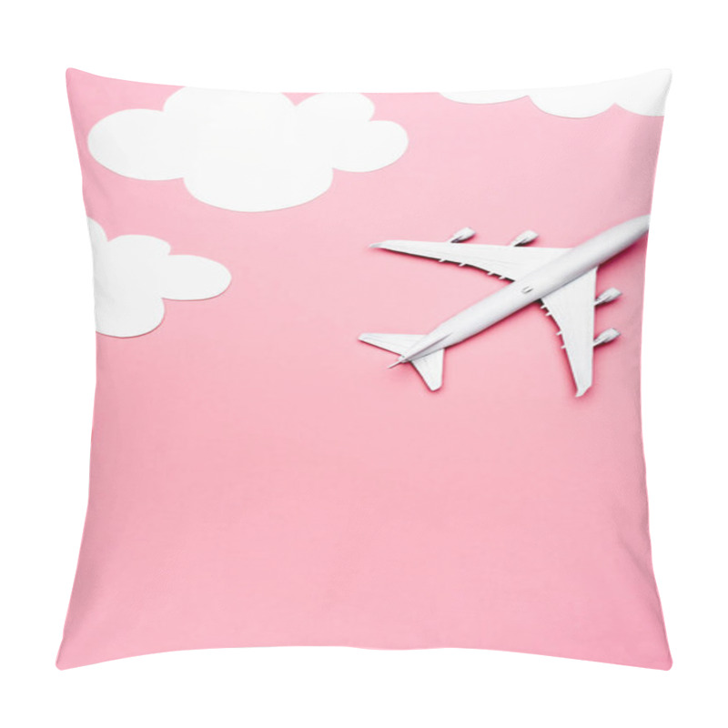 Personality  Top View Of White Plane Model On Pink Background With Clouds Pillow Covers