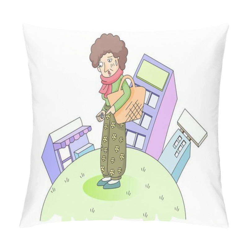 Personality  Housewife Holding A Shopping Cart And Thinking About Money Pillow Covers