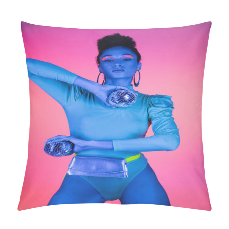 Personality  Trendy African American Woman With Neon Visage Holding Disco Balls On Pink Background Pillow Covers