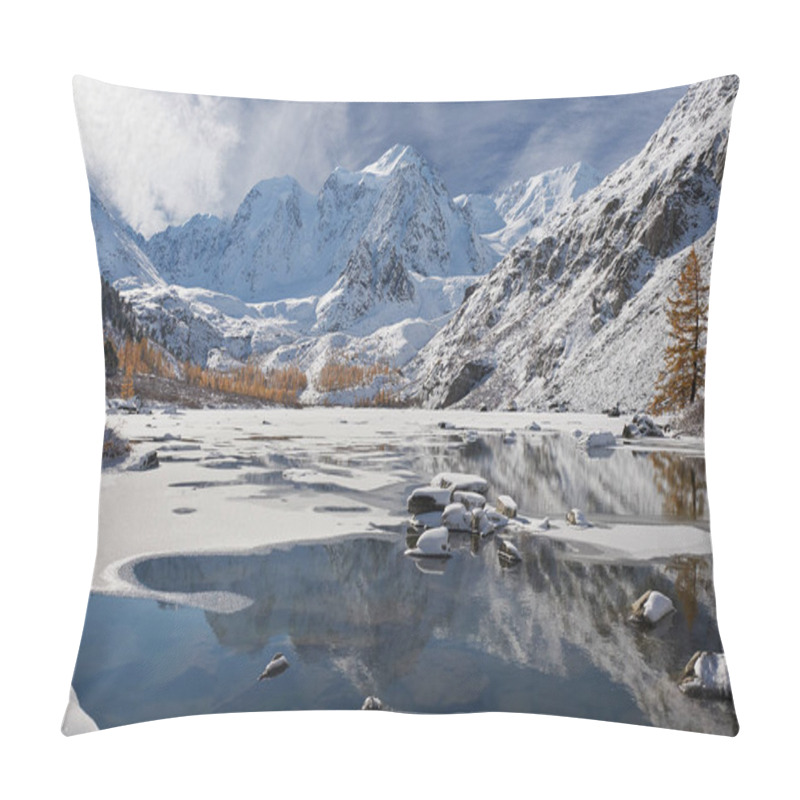 Personality  Snow-covered Winter Mountain Lake, Russia, Siberia, Altai Mountains, Chuya Ridge. Pillow Covers