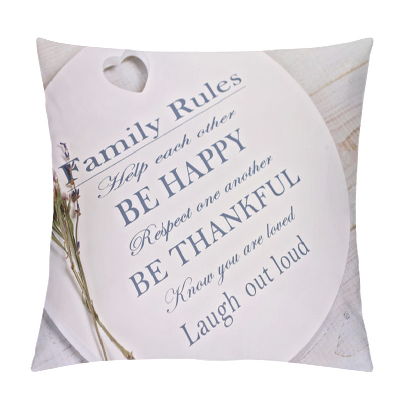 Personality  Modern Home Decoration, Board With Words Family  Rules On White Rustic Wooden Background. Happy  Family Concept Pillow Covers