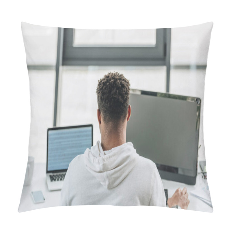 Personality  Back View Of African American Programmer Working On Computers In Office Pillow Covers