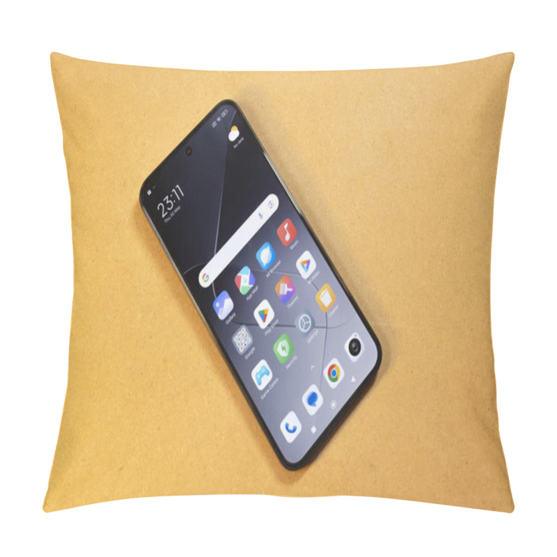 Personality  Modern Xiaomi Android Smartphone Lying On The Table, Top View Of Default Apps Mobile Device Home Screen Interface App Icons Simple Concept, Pre-installed Software Display Pillow Covers