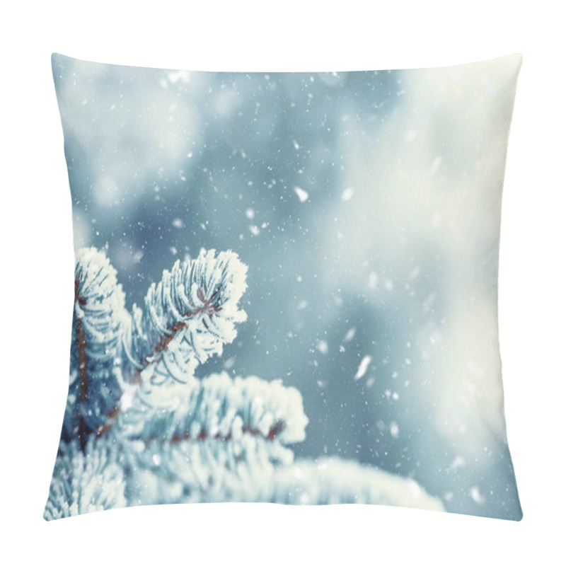 Personality  Pine Tree Branches Covered Frost In Snowy Atmosphere. Pillow Covers