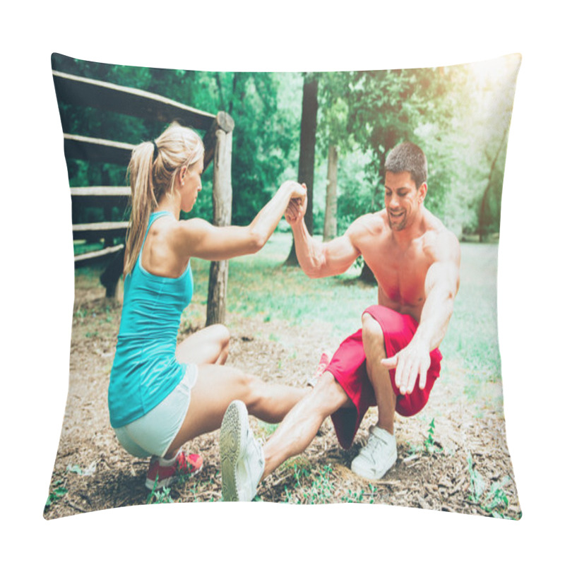 Personality  Couple Doing Pistol Squat Pillow Covers