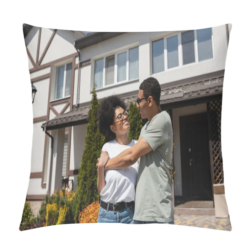 Personality  Cheerful African American Couple Hugging While Standing Near New House Outdoors Pillow Covers