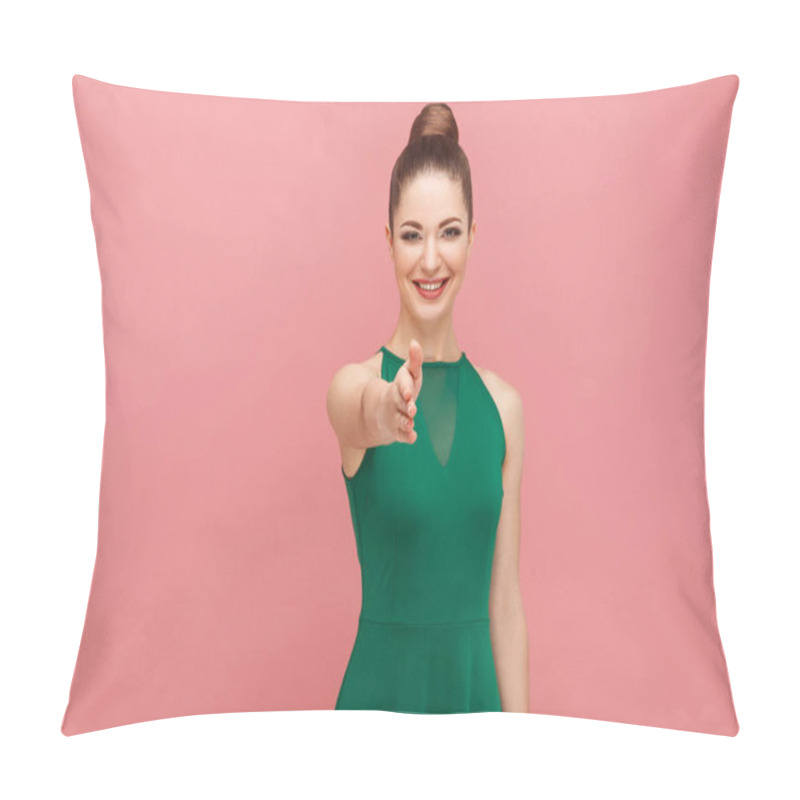 Personality  Happy Woman Showing Handshake Sign At Camera , Agreement Concept Pillow Covers