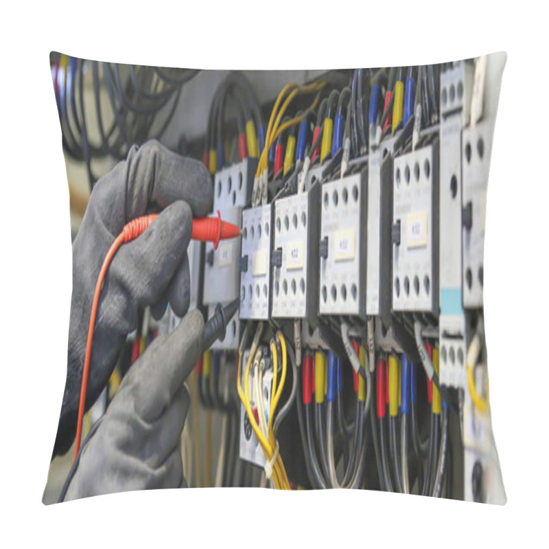 Personality  Electrical Engineer Using Digital Multi-meter Measuring Equipment To Checking Electric Current Voltage At Circuit Breaker In Main Power Distribution Board. Pillow Covers