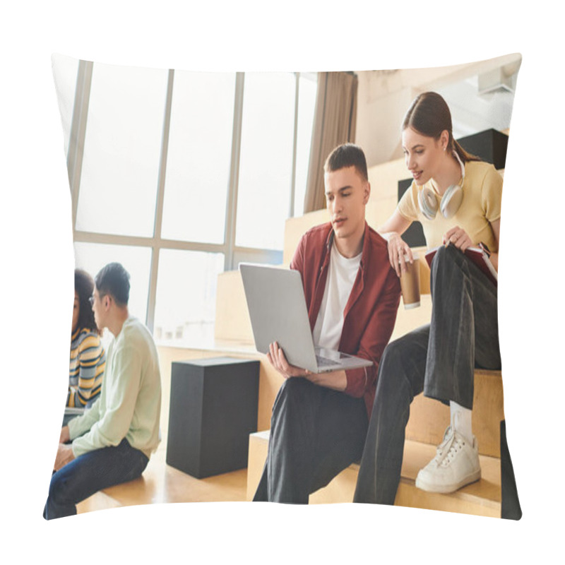 Personality  A Group Of Students From Various Backgrounds Sitting And Conversing On A Colorful Set Of Stairs Indoors Pillow Covers