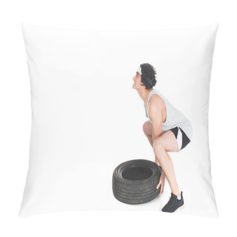 Personality  Side View Of Skinny Sportsman Raising Tire Isolated On White Pillow Covers