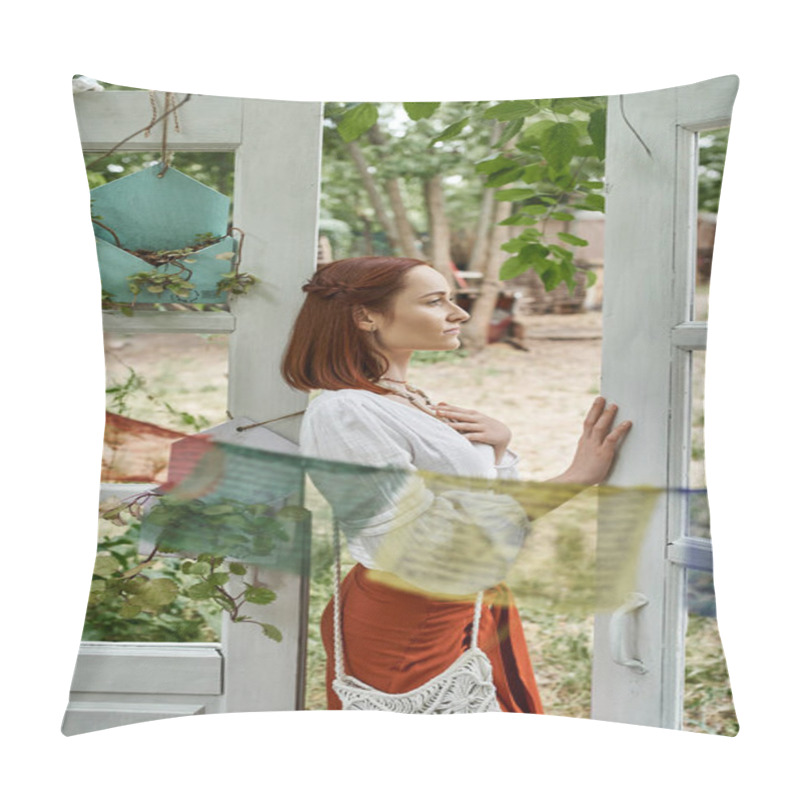 Personality  Beautiful Redhead Woman In Boho Outfit Standing Near Door Outdoors In Retreat Center Pillow Covers