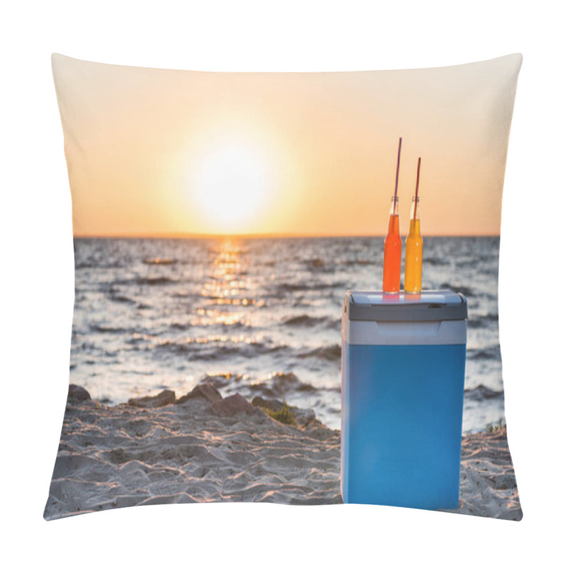 Personality  Glass Bottles With Summer Drinks And Straws On Cooler At Sandy Beach  Pillow Covers