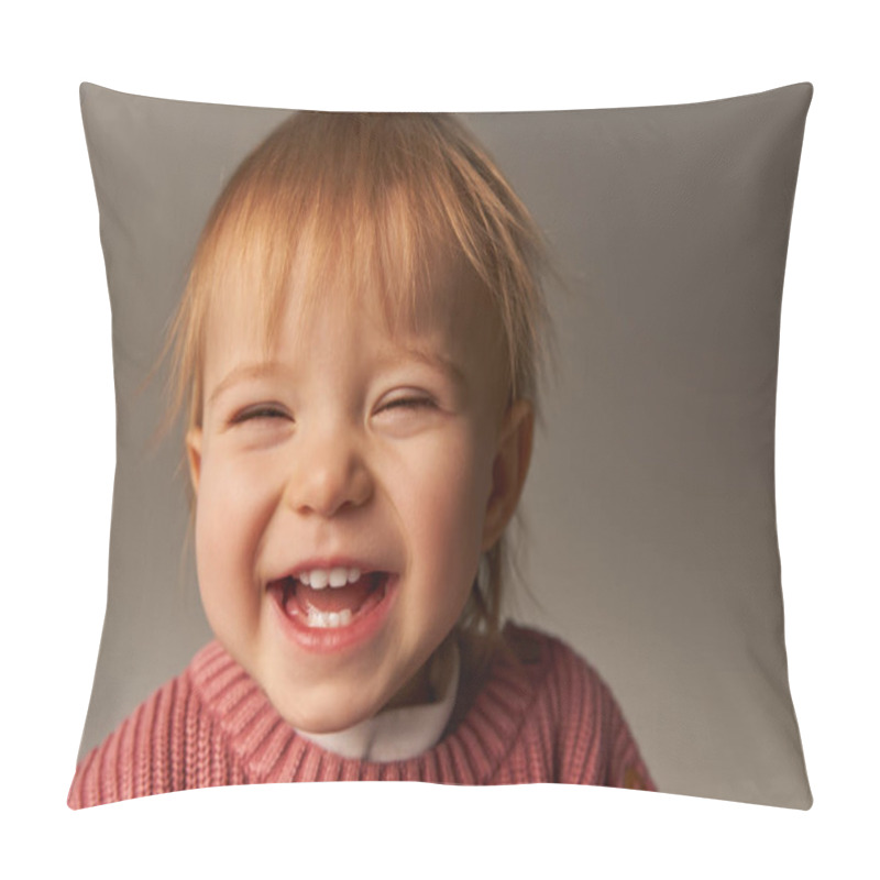 Personality  Portrait Of Cute Baby Girl, Joyful Toddler Child, Little Kid In Casual Attire Looking At Camera On Grey Background In Studio, Emotion, Innocence, Toddler Fashion, Stylish Outfit, Sweater, Happiness  Pillow Covers