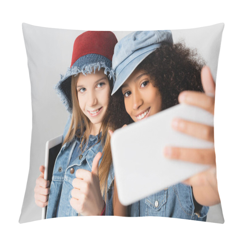 Personality  Stylish African American Girl Taking Selfie With Friend Showing Like Isolated On Grey, Blurred Foreground Pillow Covers