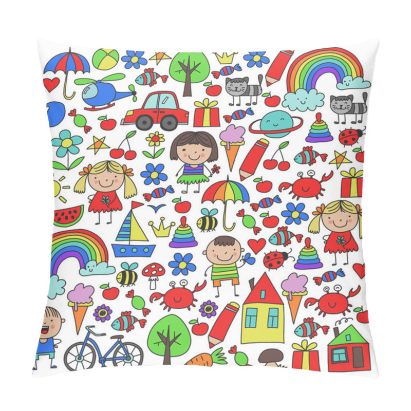 Personality  Kindergarten Pattern With Cute Children And Toys. Kids Drawing Style Illustration Pillow Covers