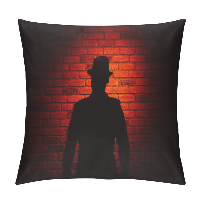 Personality  Silhouette Of A Man In A Hat On A Brick Background. Noir, Crime, Pillow Covers