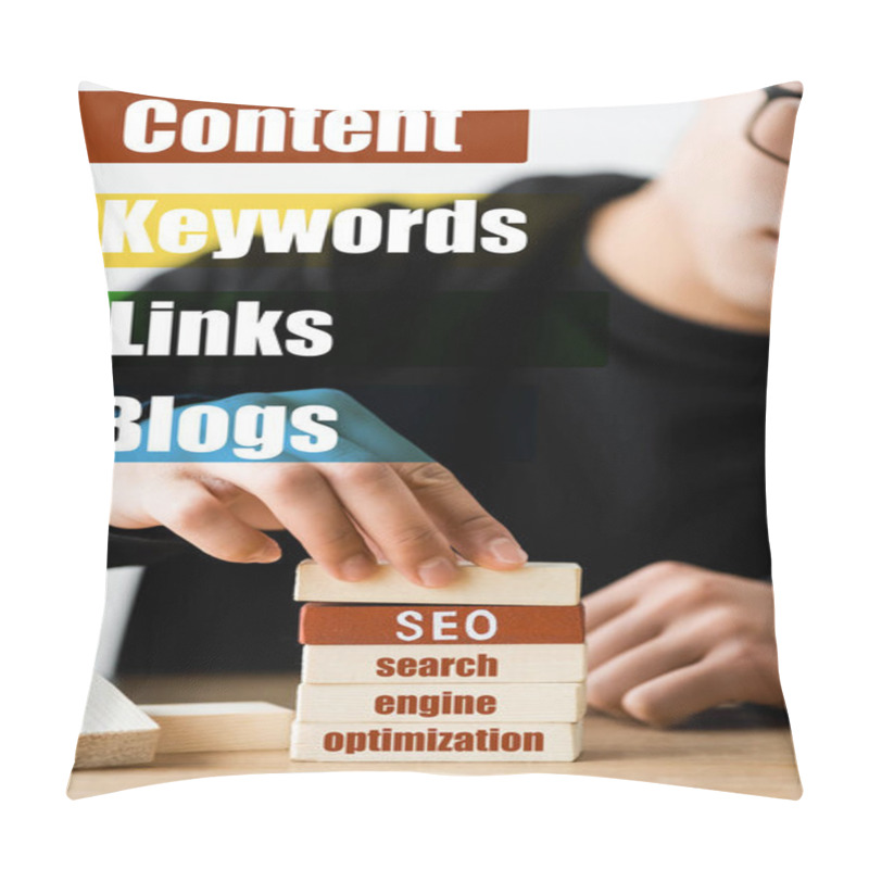 Personality  Selective Focus Of Seo Manager Stacking Wooden Rectangles With Lettering Near Illustration With Keywords, Links, Blogs Words Pillow Covers