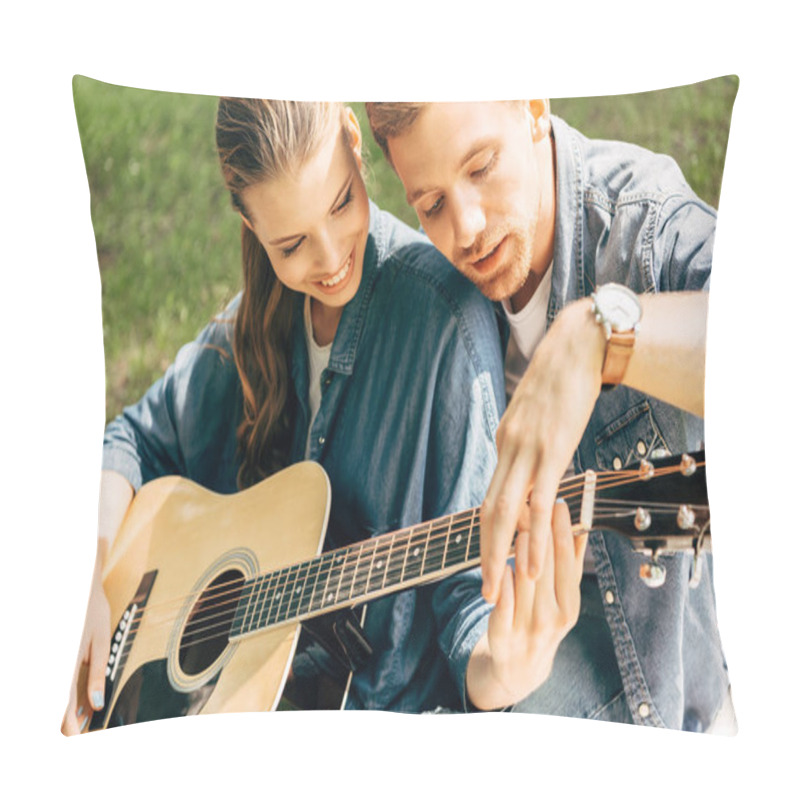 Personality  Close-up Shot Of Young Happy Woman Learning To Play Guitar With Boyfriend At Park Pillow Covers