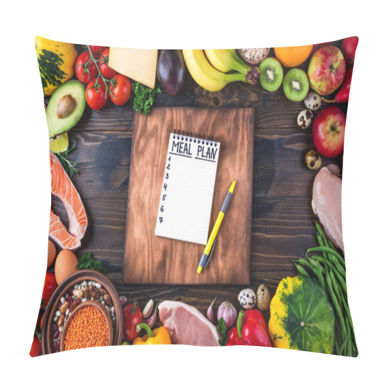 Personality  Healthy Food Concept. Fresh  Vegetables, Fruits, Meat And Fish On Wooden Table. Healthy Eating And Meal Plan Pillow Covers